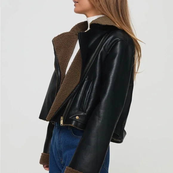 Princess Polly Shearling Trim Faux Leather Jacket Black Size 0 NWOT - Picture 3 of 5